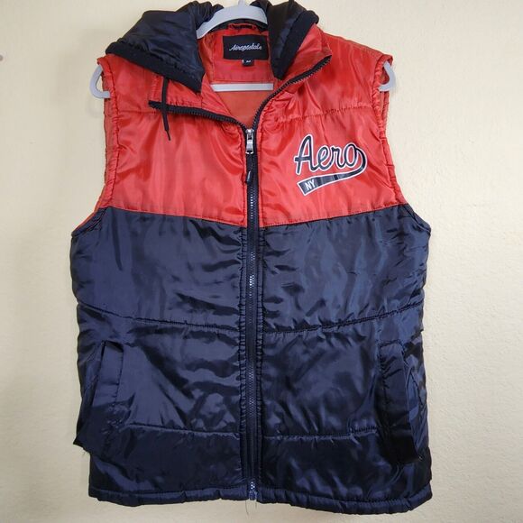 Aeropostale Mens Vest‎ Large Orange Black Full Zip Hooded Lined Puffer Down - Picture 1 of 11